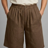 Relaxed linen button waist shorts in Brown, view 13