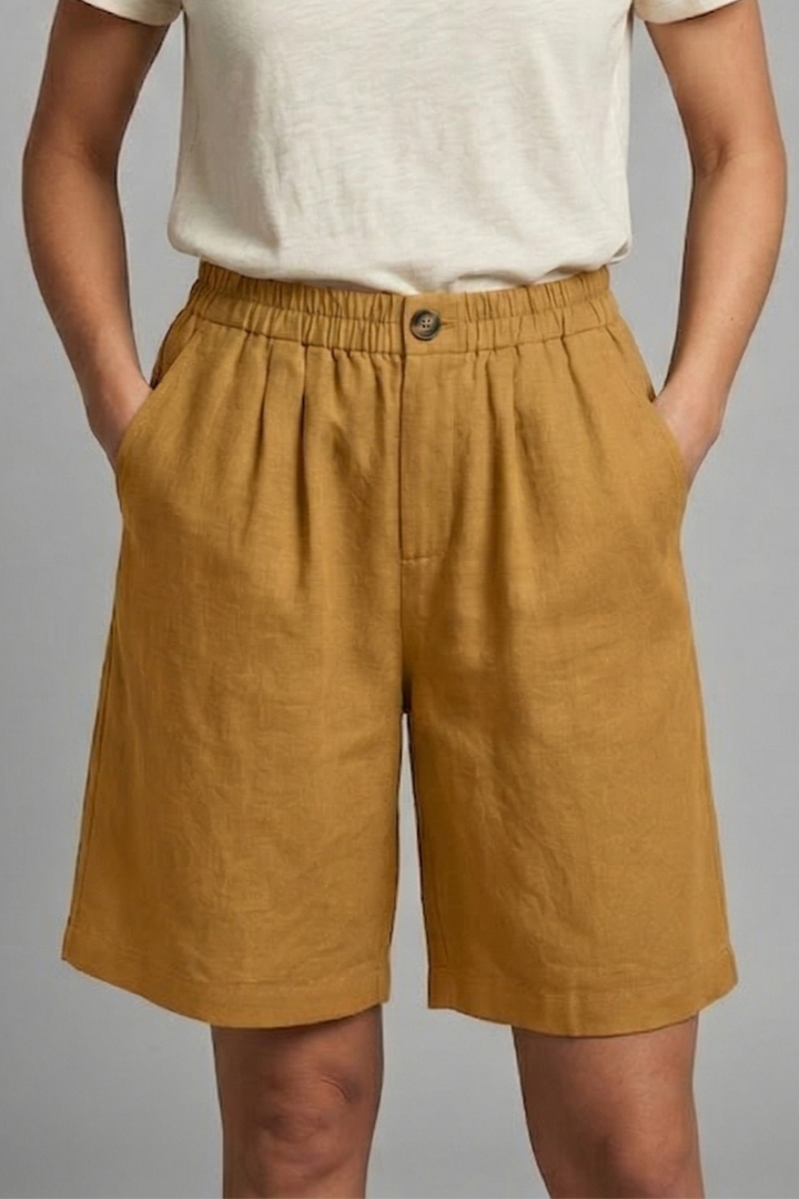 Relaxed linen button waist shorts in Yellow, view 14