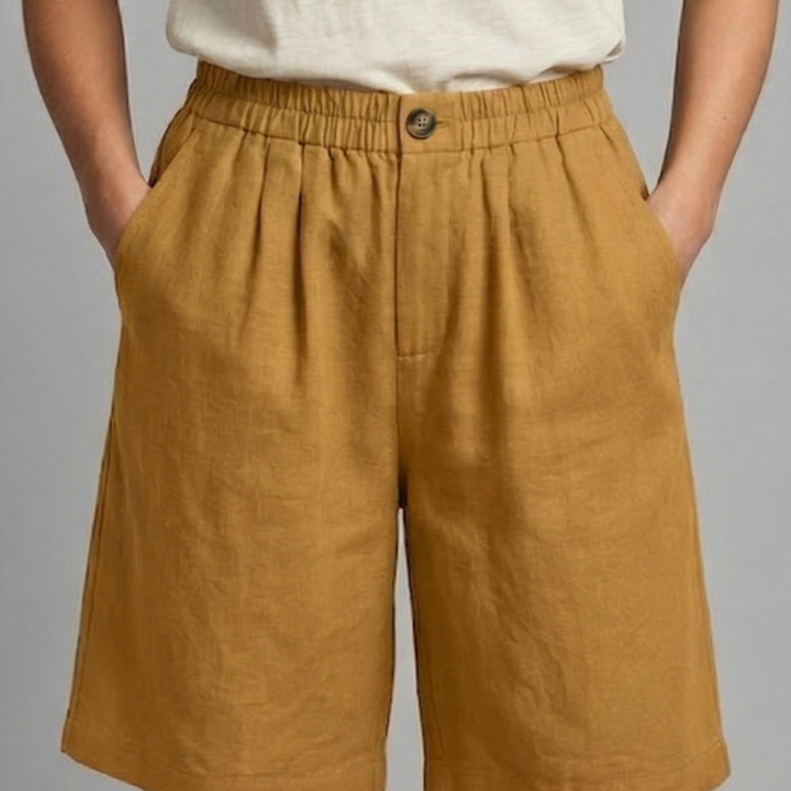 Relaxed linen button waist shorts in Yellow, view 14