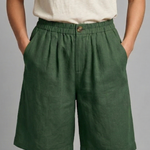 Relaxed linen button waist shorts in Green, view 3