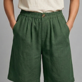 Relaxed linen button waist shorts in Green, view 3