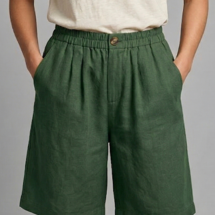 Relaxed linen button waist shorts in Green, view 3