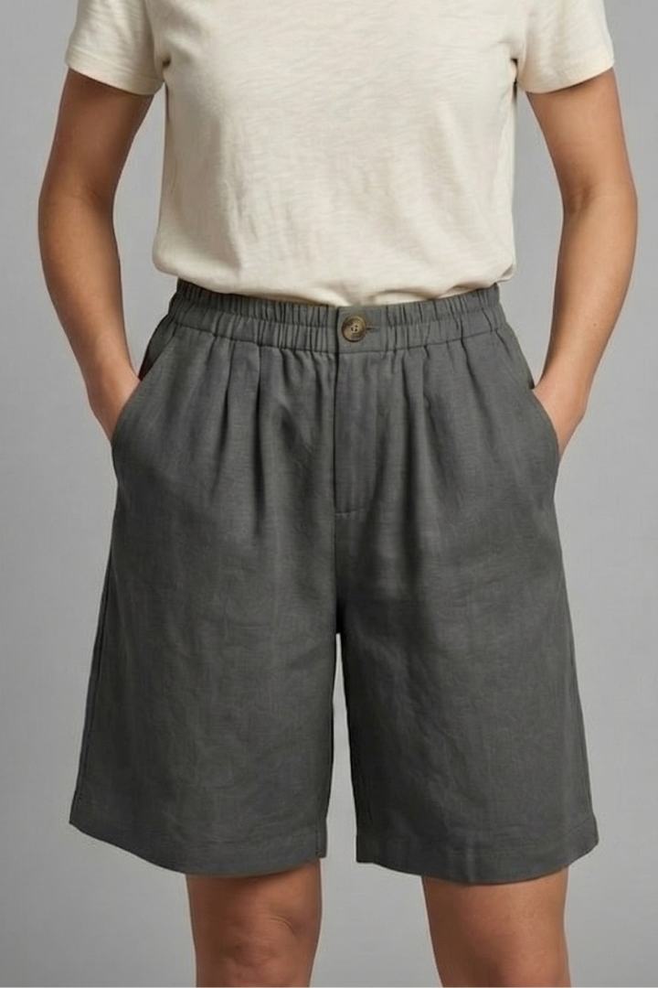 Relaxed linen button waist shorts in Grey, view 4