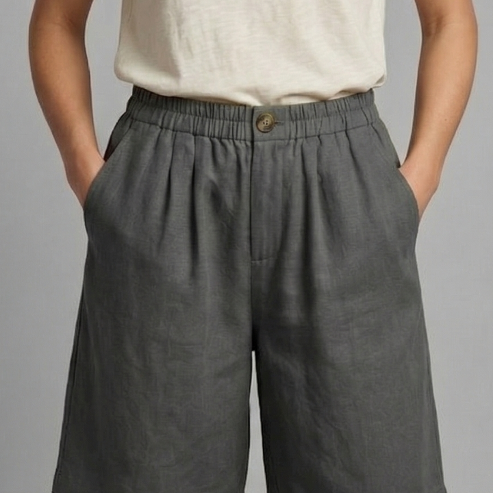 Relaxed linen button waist shorts in Grey, view 4