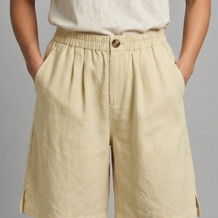 Relaxed linen button waist shorts in Beige, view 5