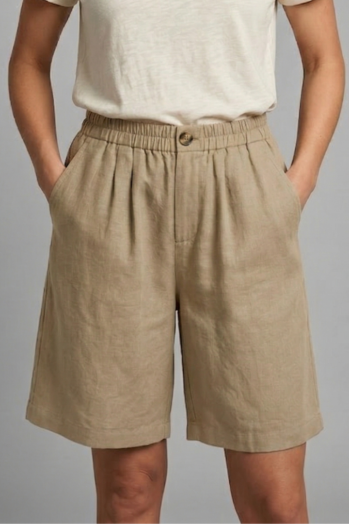 Relaxed linen button waist shorts in Khaki, view 6