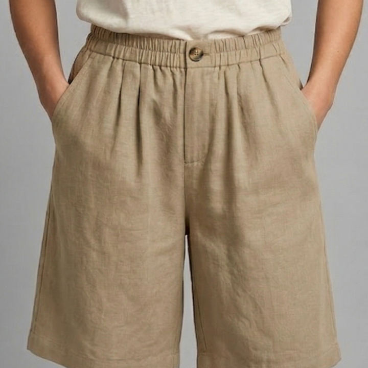 Relaxed linen button waist shorts in Khaki, view 6