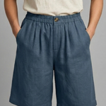 Relaxed linen button waist shorts in Blue, view 7