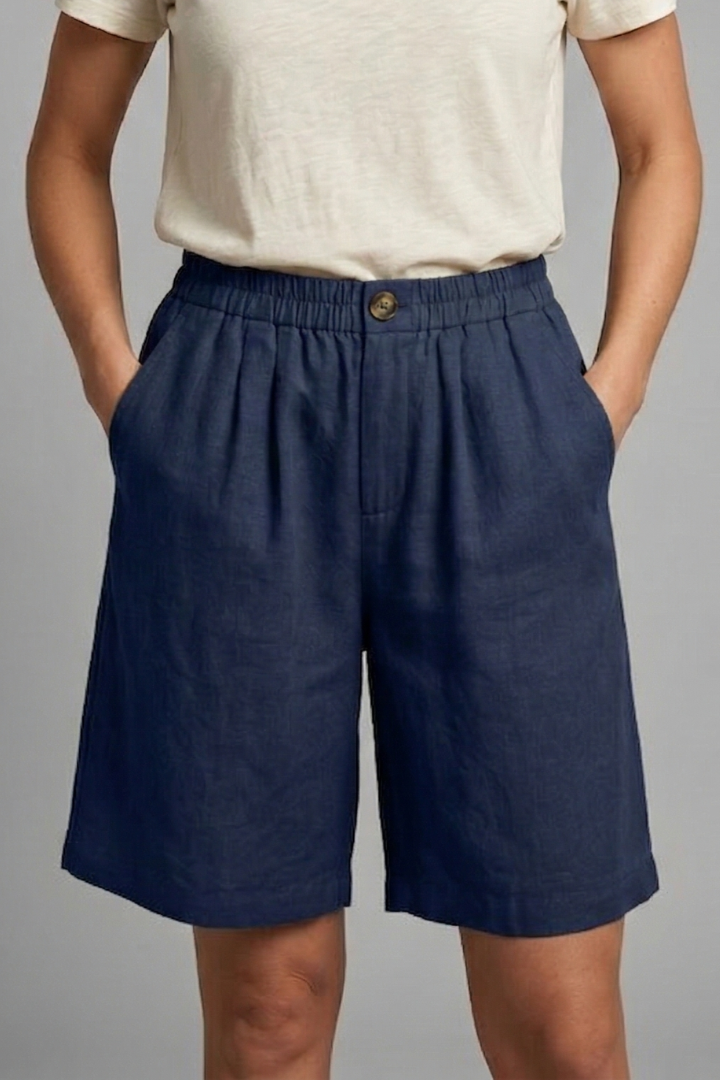 Relaxed linen button waist shorts in Navy Blue, view 8