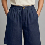 Relaxed linen button waist shorts in Navy Blue, view 8