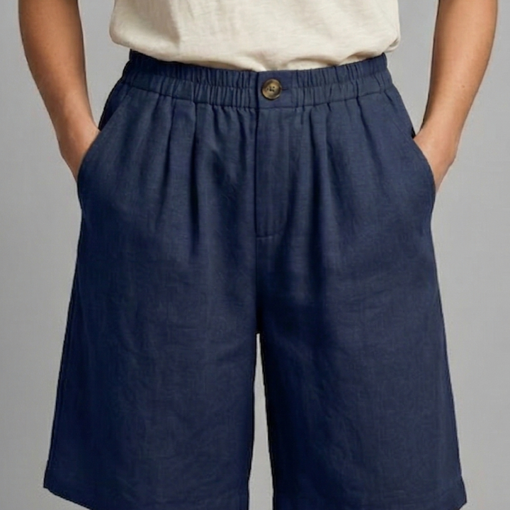 Relaxed linen button waist shorts in Navy Blue, view 8