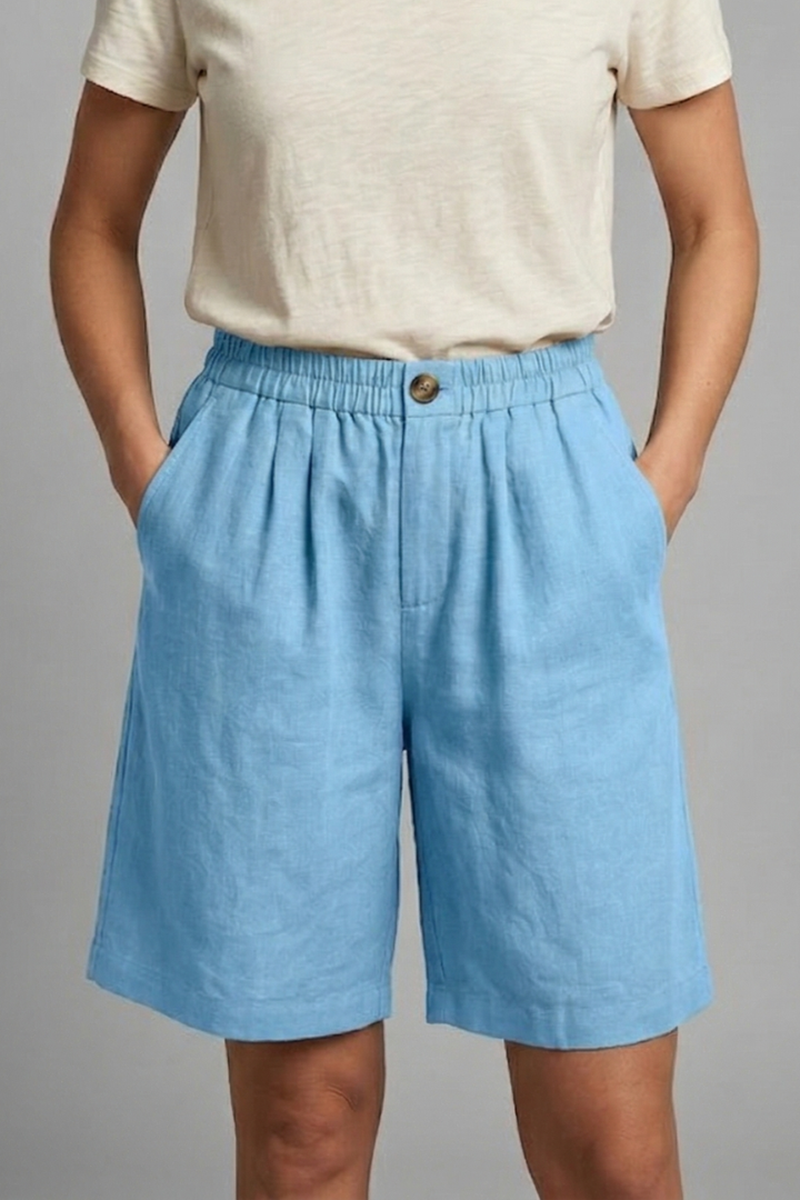 Relaxed linen button waist shorts in Sky Blue, view 9