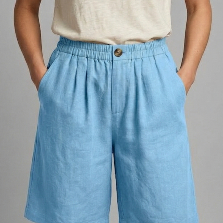 Relaxed linen button waist shorts in Sky Blue, view 9