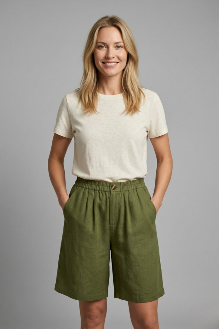 Relaxed linen button waist shorts in Army Green, front view