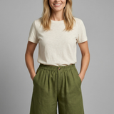 Relaxed linen button waist shorts in Army Green, front view