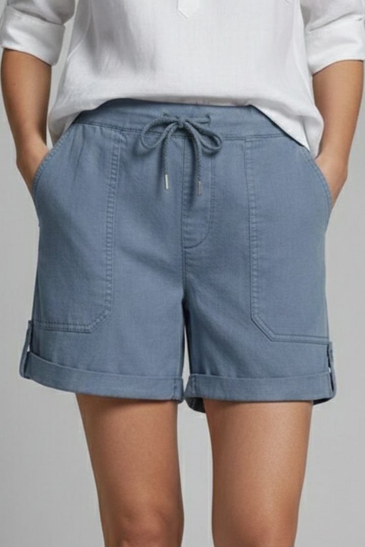 Relaxed drawstring shorts with rolled cuffs in Blue, front view