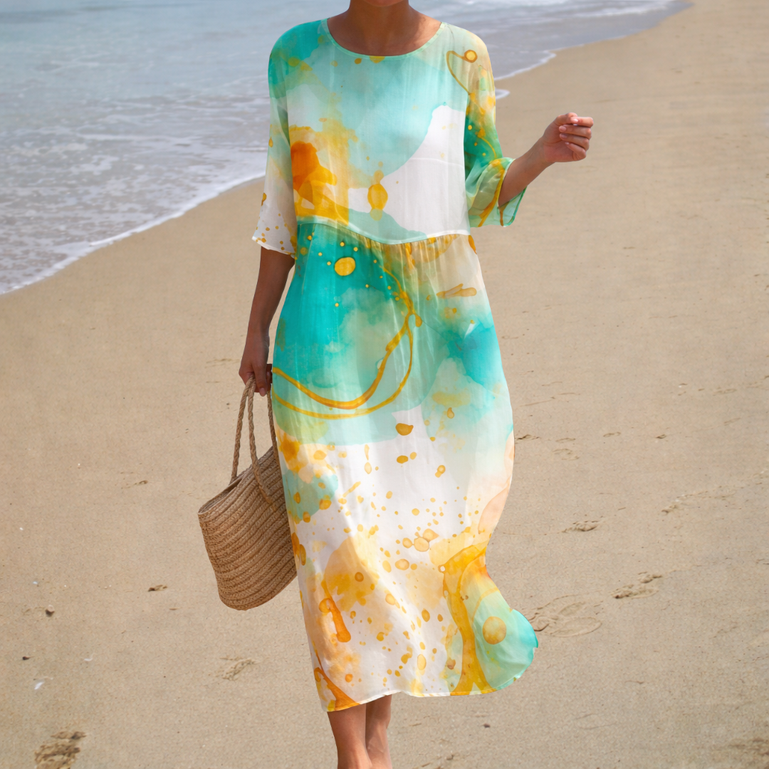 Chic Comfortable Flowy Maxi Dress, aqua watercolour print, front view