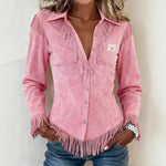 Kinsley pink fringe suede blouse, view 2