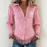 Kinsley pink fringe suede blouse, view 2