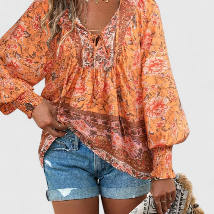 Renazianne boho print top, front view