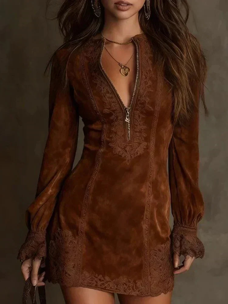 Suede lace zip neck mini dress in Mocha Brown, view 2