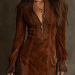 Suede lace zip neck mini dress in Mocha Brown, view 2