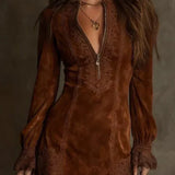 Suede lace zip neck mini dress in Mocha Brown, view 2