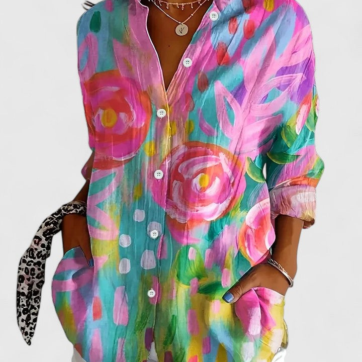Anica colourful print blouse in Pink, front view