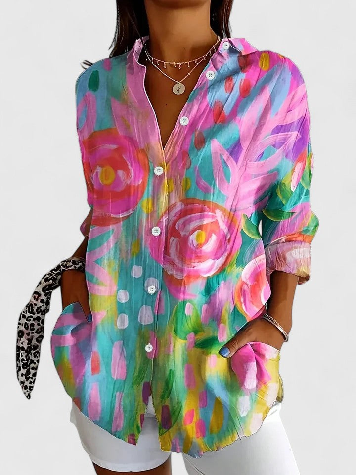 Anica colourful print blouse in Pink, front view