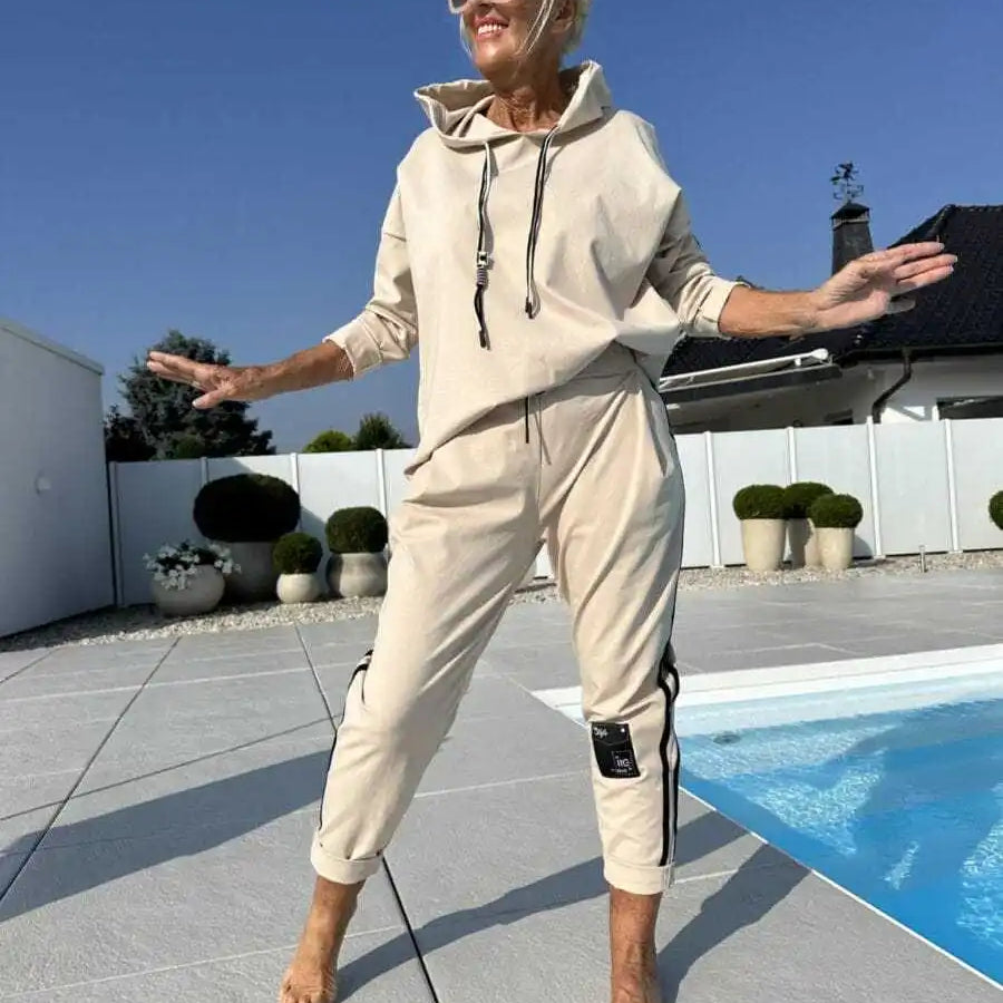 Olyra two-piece hoodie and jogger set in Apricot, front view