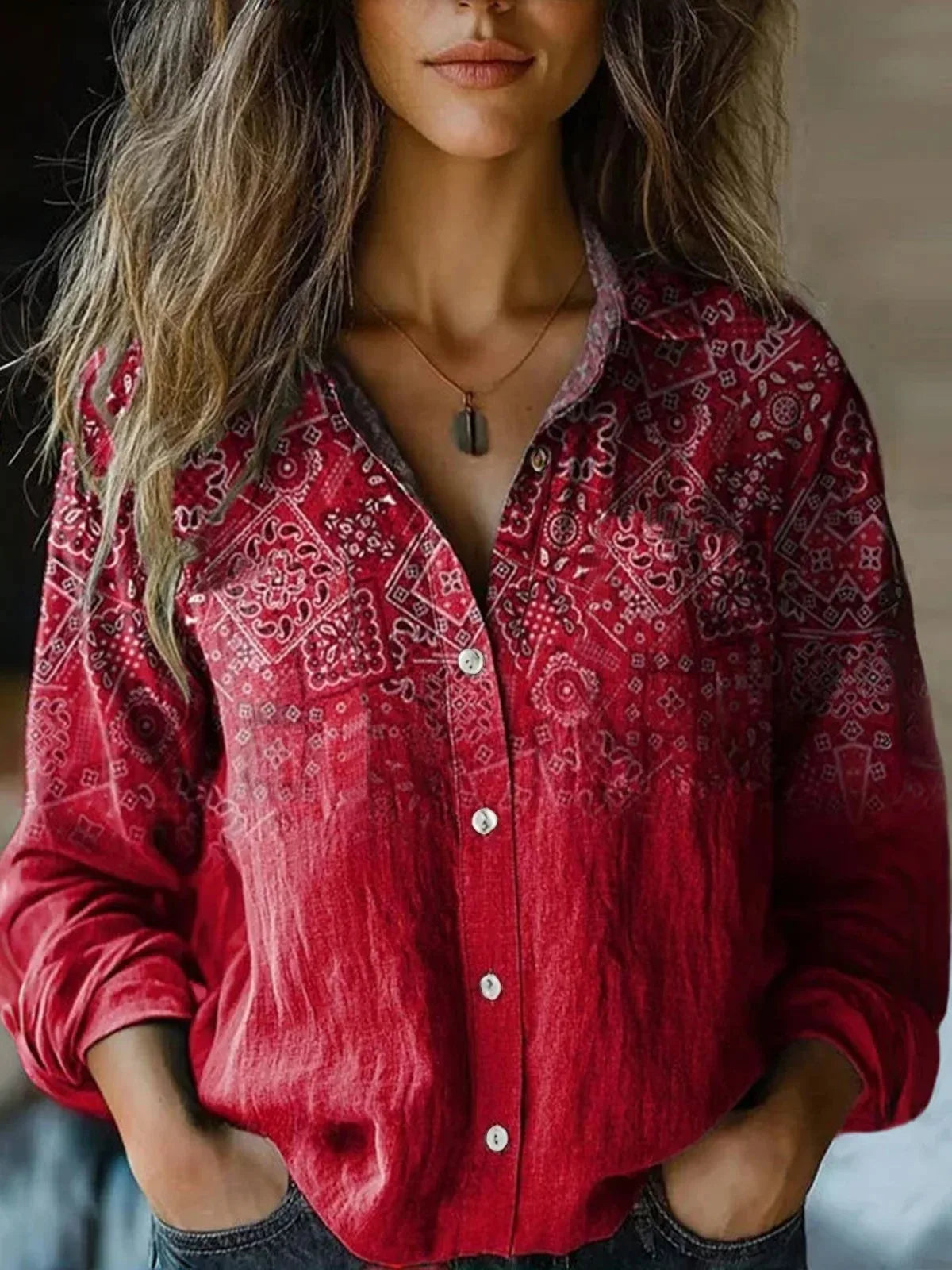 Hayden Delanova floral lapel blouse in Deep Red, view 9
