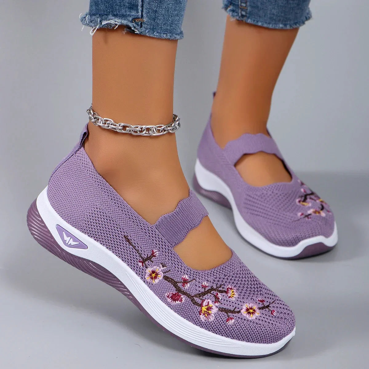 Fajon floral embroidered trainers in Purple, view 4