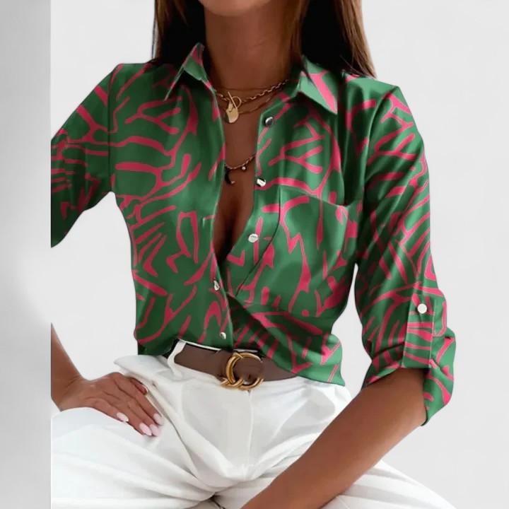 Lisette printed long sleeve blouse in Green, view 2