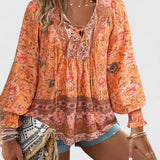 Renazianne boho print top in Orange, view 4