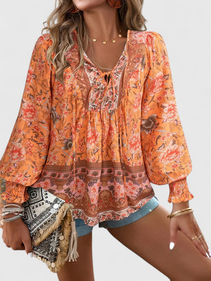 Renazianne boho print top in Orange, view 4