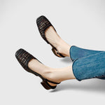 Daniela Woven Slingback Heeled Sandals in Black, view 3