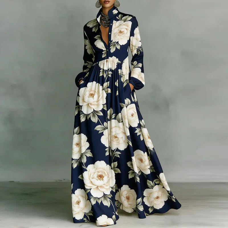 Lanna floral button maxi dress in Navy Blue, front view