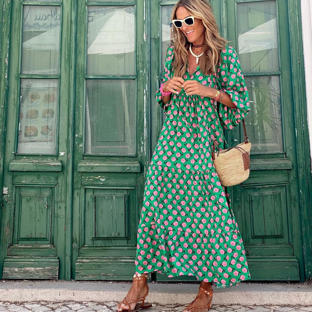 Beatrix bohemian print maxi dress in Green-Pink, view 3