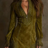 Suede lace zip neck mini dress in Olive Green, view 3