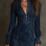 Suede lace zip neck mini dress in Marine Blue, front view