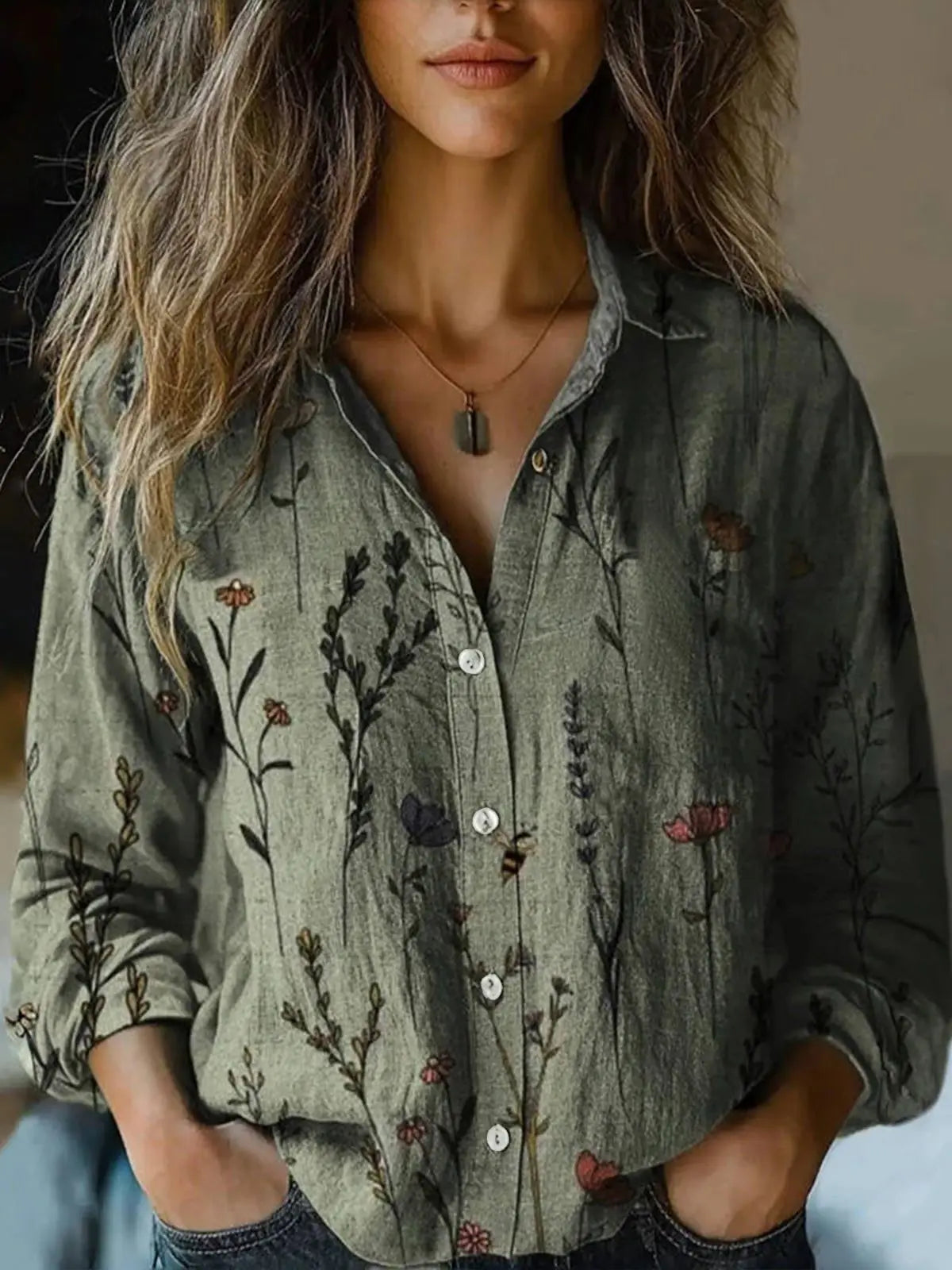 Hayden Delanova floral lapel blouse in Olive Green, view 8