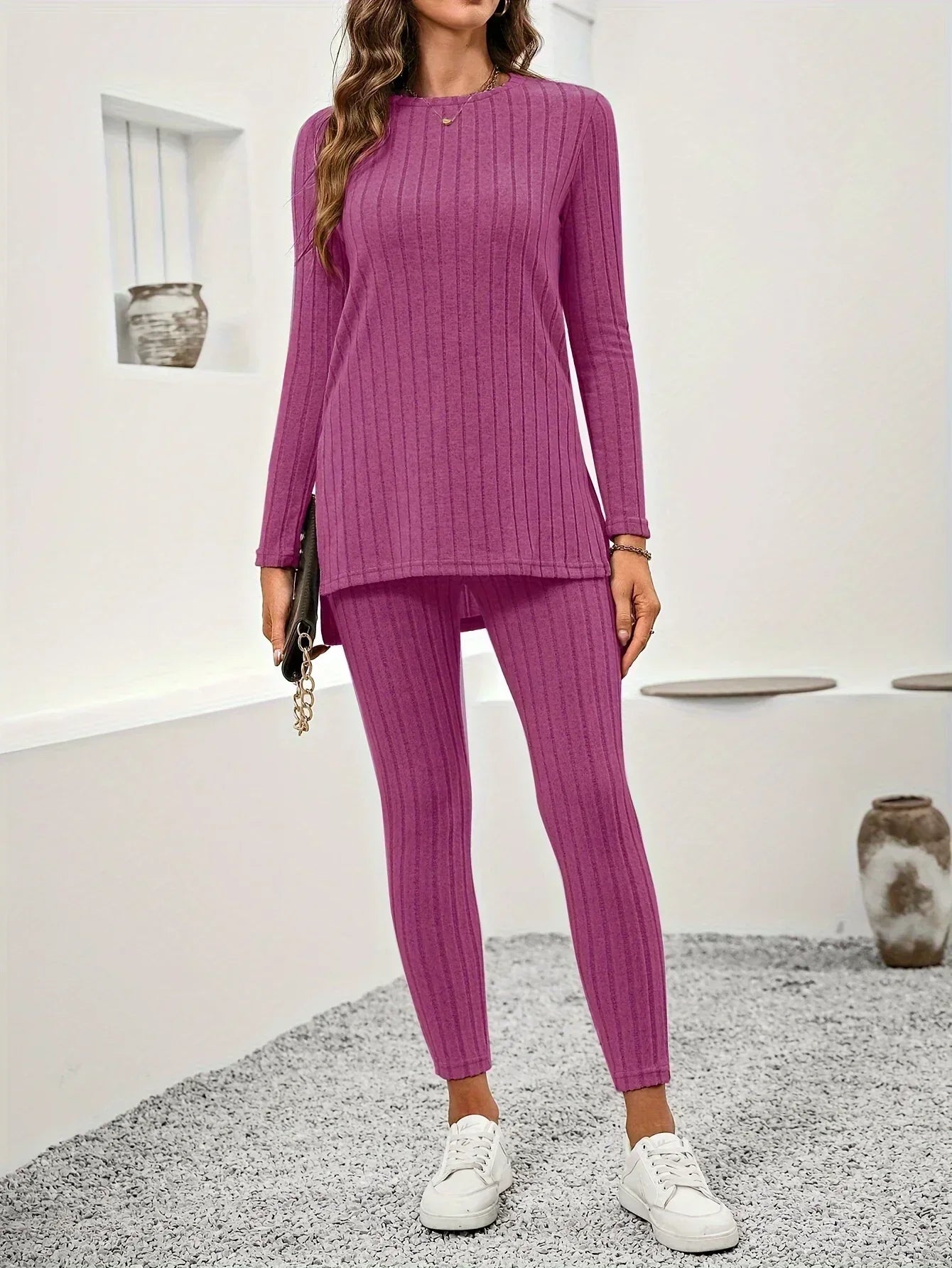 Callie ribbed knit lounge set in Purple, view 5