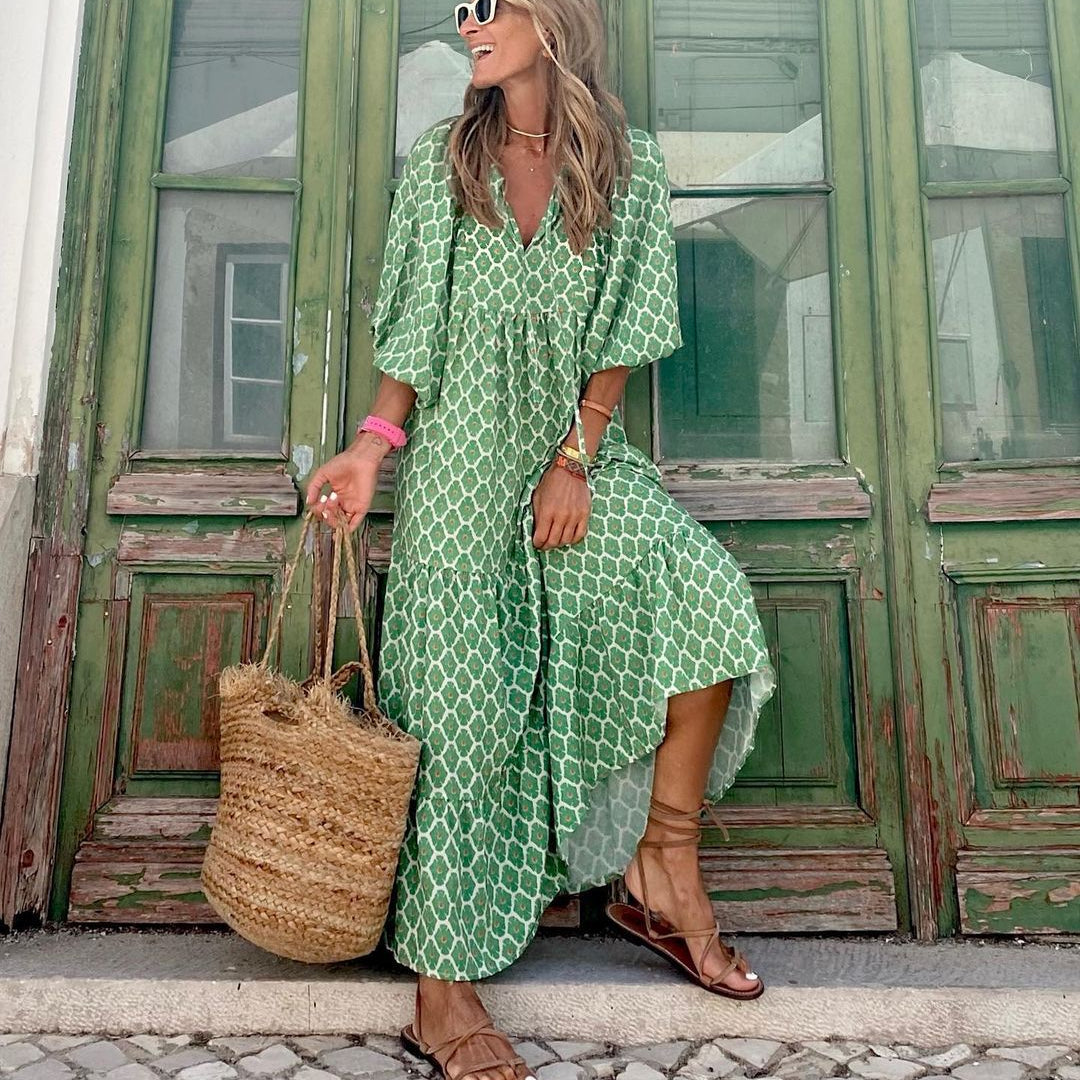 Beatrix bohemian print maxi dress in Green-White, view 6