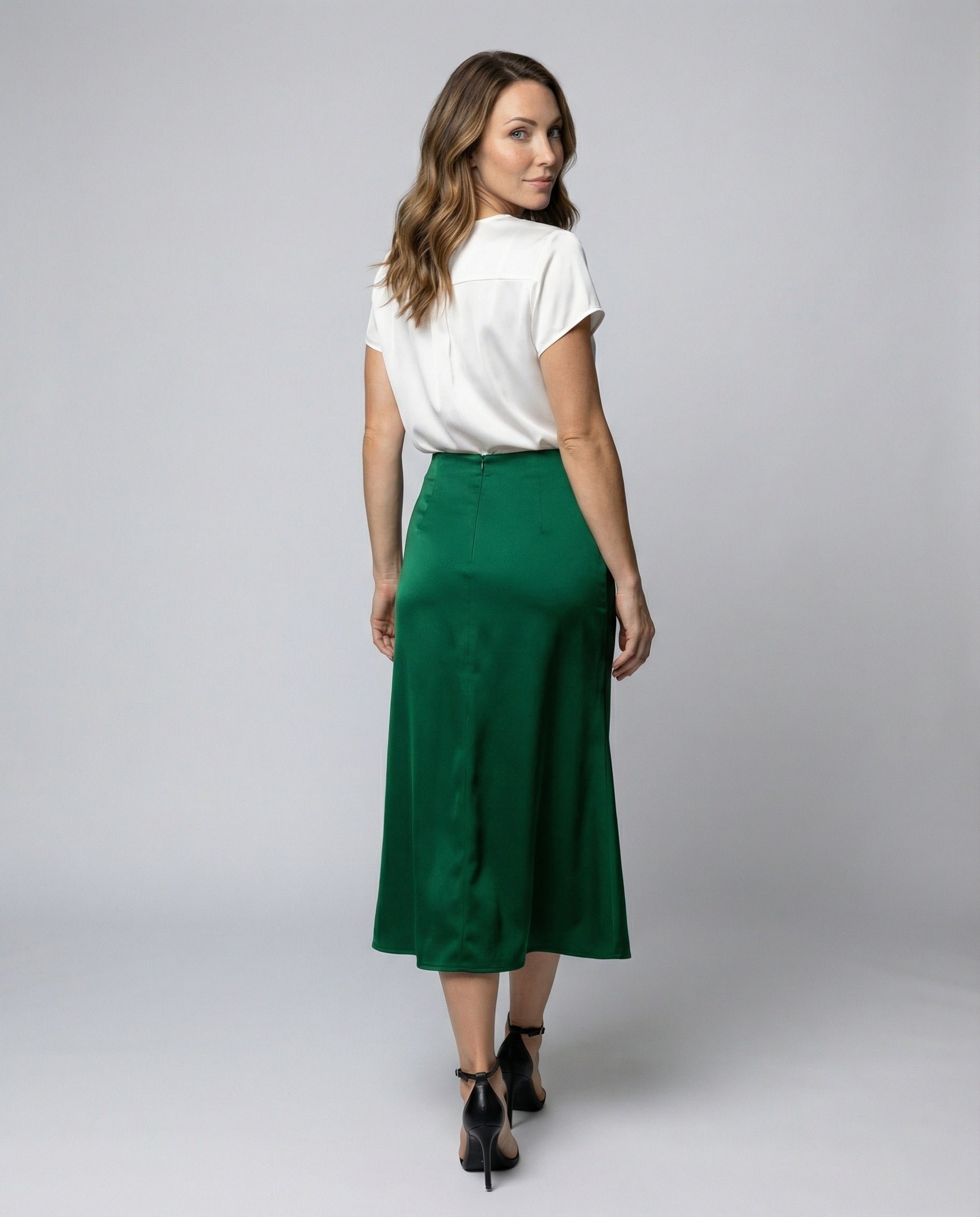 Satin wrap front midi skirt with split, view 3