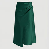 Satin wrap front midi skirt with split, view 4
