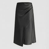 Satin wrap front midi skirt with split in Black, view 7