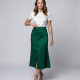 Satin wrap front midi skirt with split in Emerald Green, view 2