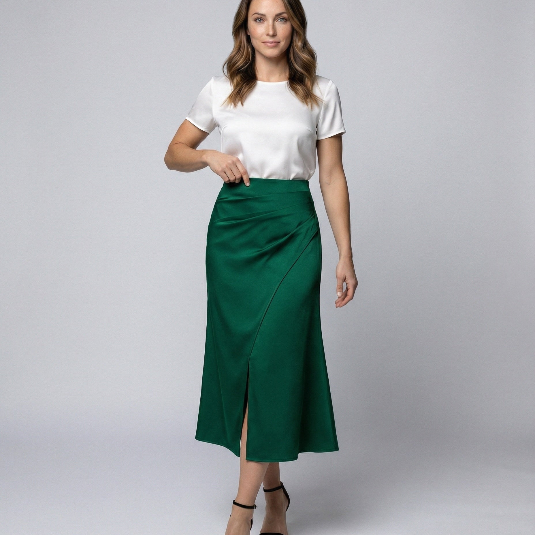 Satin wrap front midi skirt with split in Emerald Green, view 2
