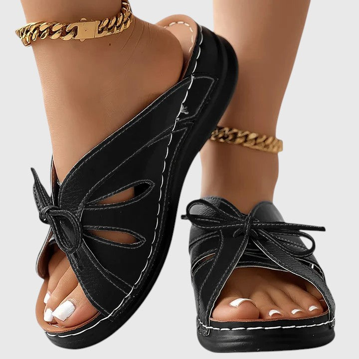 Elsinia Contrast Stitch Slide Sandals in Black, view 5