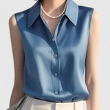 Lavinia sleeveless satin blouse in Blue, view 3